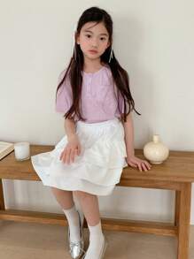 DAZY Tween Girl Letter Print Single-Breasted Short Sleeve Pocket Top And Cake Skirt Casual 2pcs Set - Pink - View 1