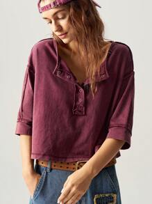 Bohemela Casual Solid Color Knitted Half-Open Collar Loose Washed Plus Size T-Shirt,Vintage - Burgundy - View 6