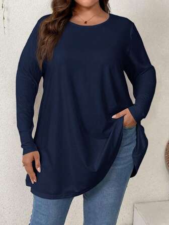 SHEIN Privé T-shirt ample à manches longues, col rond, couleur unie de base avec ourlet en forme de parapluie, pour le décontracté, les vacances et la détente, grande taille