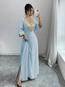 Chiquease 女士优雅贴花领流苏 V 领收腰中东斋月长裙 - 藍色 - 查看 5