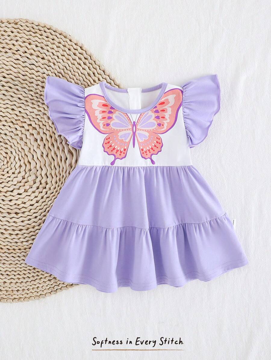 Cozy Pixies Newborn Baby Girl Butterfly Pattern Round Neck Cap Sleeve Waist Cinched Bodycon Dress