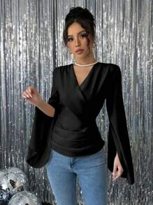 Chiquease Women Elegant Solid Color V-Neck Split Cuff Long Sleeve Wrap Blouse Fall Cloth For Women - Black - View 4