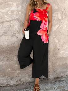 EMERY ROSE 大码女式花卉印花口袋阔腿连体裤，女式演唱会服装，女式复活节服装，女式复活节服装，乡村演唱会服装，女式西部服装，波西米亚风，波西米亚风女装，女式夏季服装 - 黑色 - 查看 1