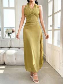 Modelyn Women's Sleeveless V-Neck Pleated Dress With Stylish Design - Yellow - View 3