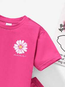 SHEIN LMoss Kids 女宝宝休闲简约短袖套装，适合春夏季 - 玫紅色 - 查看 3