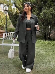 SHEIN EZwear Conjunto de 3 piezas de talla grande: Camisa de hombros abiertos con estampado ondulado de jacquard, pantalones y chaleco, casual para primavera/verano
