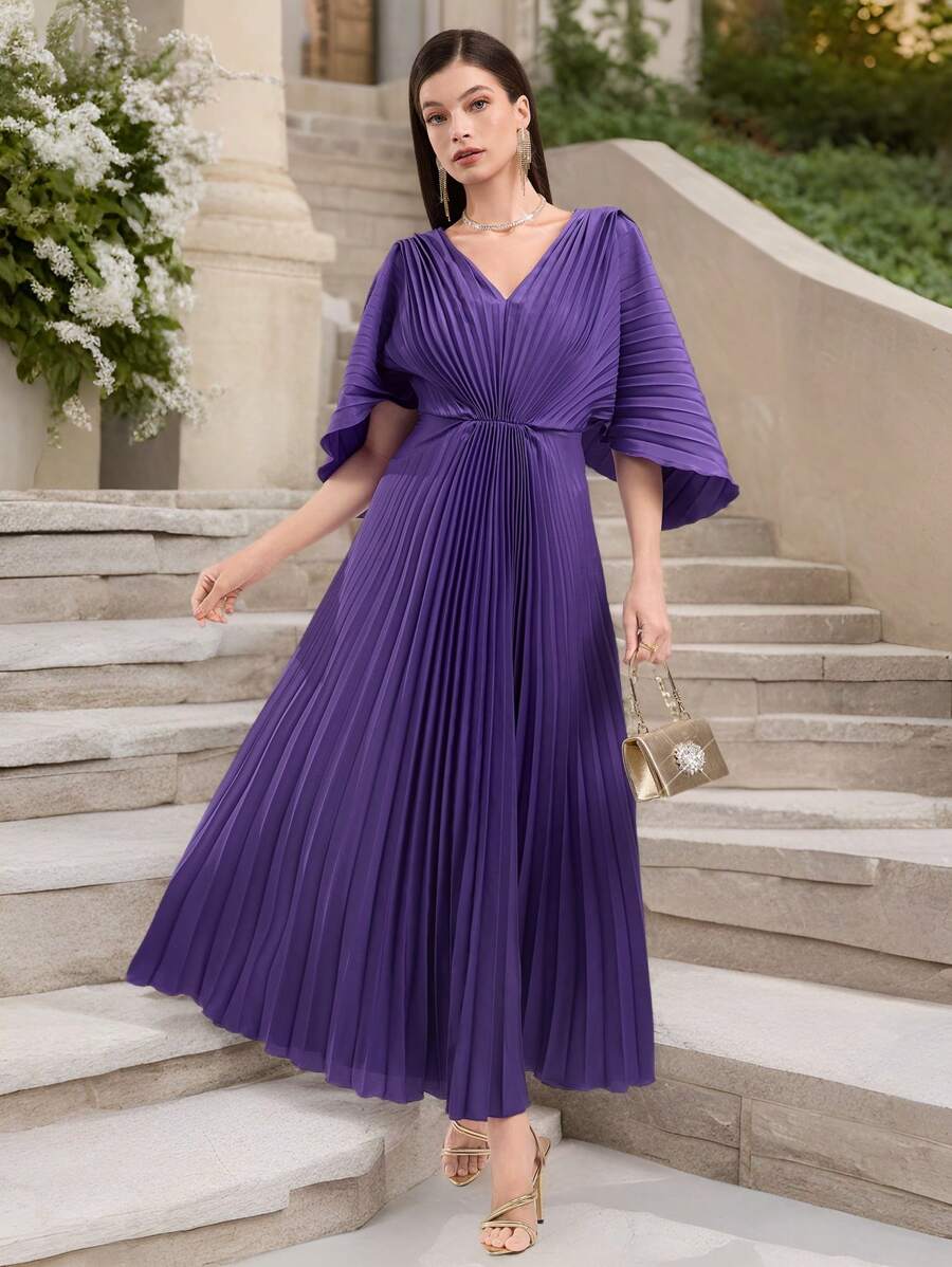 Modelyn Women Elegant Banquet Purple Pleated V-Neck Batsleeve Modest ...