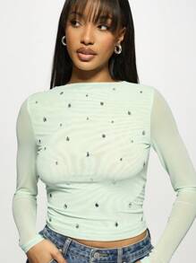 MISSGUIDED 水晶装饰长袖裁剪上衣网眼层时尚派对俱乐部晚间闪耀现代Y2K节俱乐部装秋冬 - 薄荷綠 - 查看 5