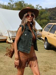 SHEIN Essnce Sleeveless Button-Up Denim Jacket - Dark Wash - View 1