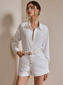 Anewsta 女士休闲宽松白色城堡刺绣超大长袖翻领衬衫上衣，春夏款 - 白色 - 查看 6