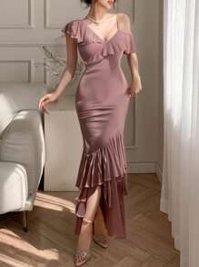 DAZY Women's Solid Color Asymmetric Neck Ruffled Fishtail Hem Fitted Elegant Mid-Length Dress Sundress - Pink - View 1