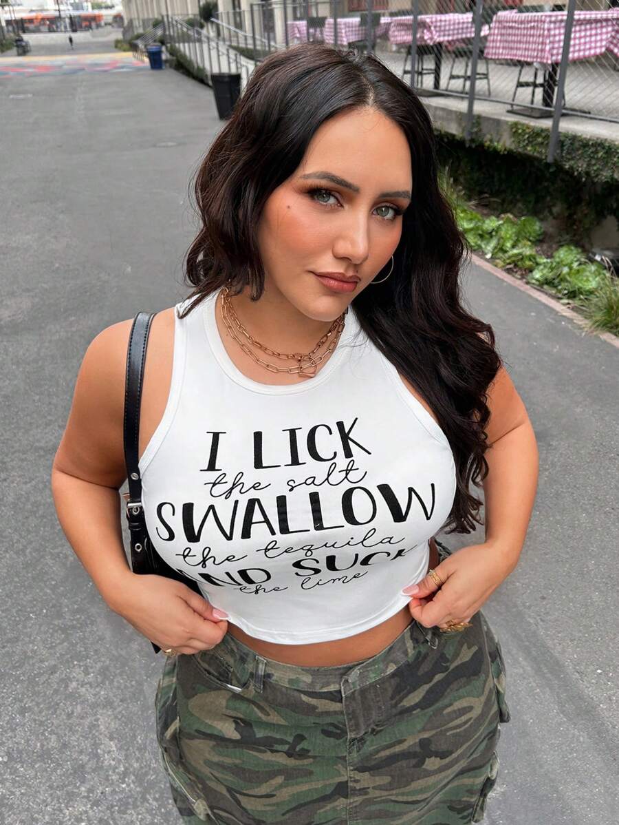 SHEIN EZwear 加上标语图案短款背心，我舔盐吞下龙舌兰酒并吮吸酸橙，夏天 - 白色 - 查看 1