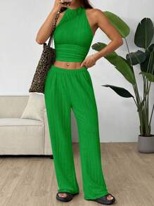 SHEIN EZwear Conjunto deportivo informal de punto verde para mujer - Verde - Ver 4