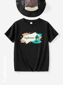 Tween Boy 时尚户外灯笼文字复古印花黑色圆领短袖 T 恤，夏季