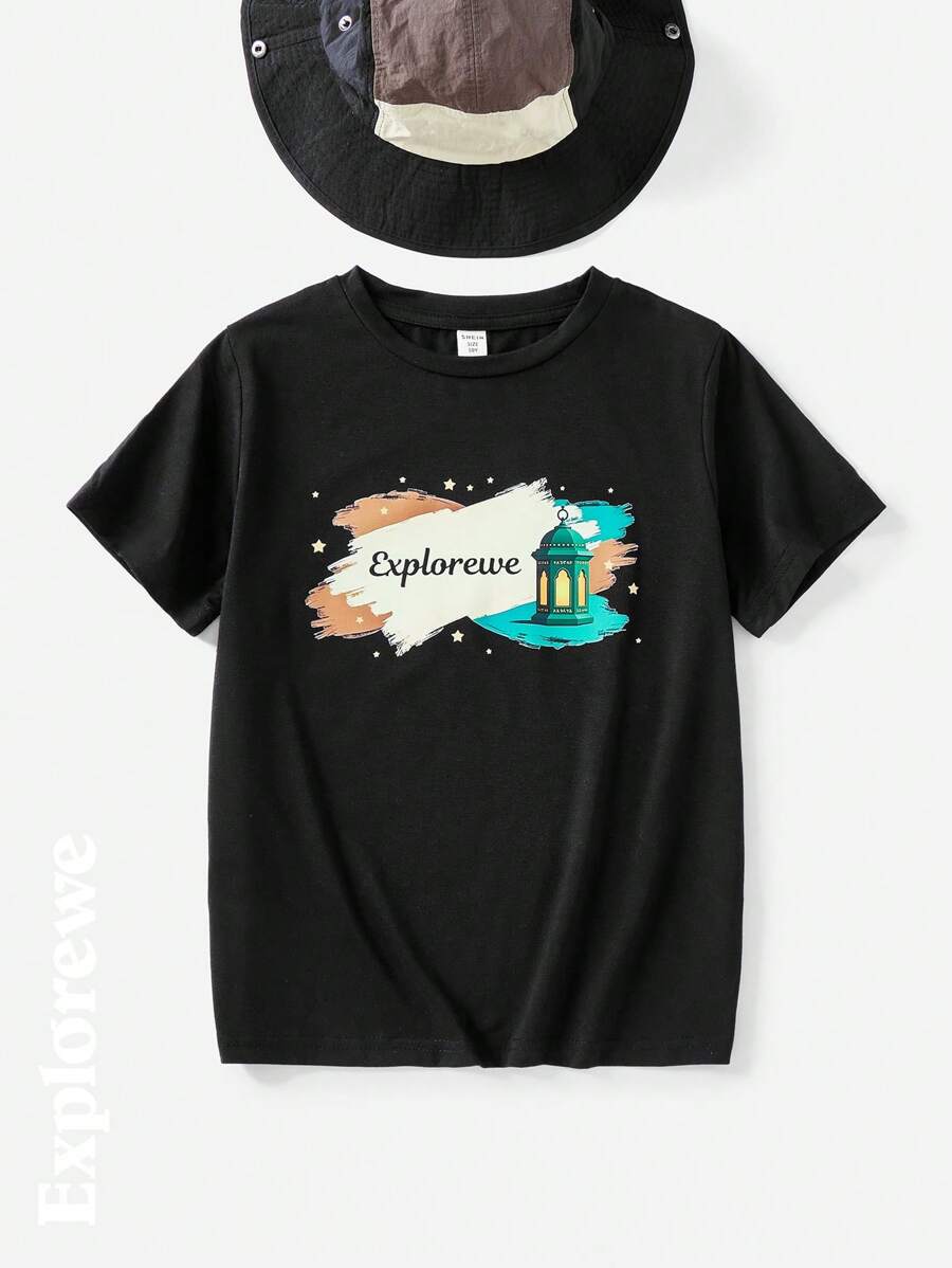 Tween Boy 时尚户外灯笼文字复古印花黑色圆领短袖 T 恤，夏季