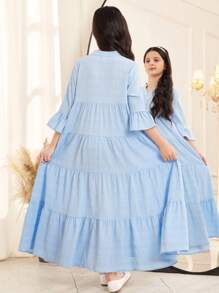 SHEIN Tween Girl Loose V-Neck Layered Textured 3/4 Sleeve A-Line Dress - Baby Blue - View 2