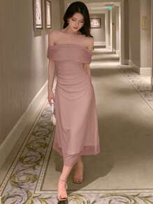 DAZY 露肩纯色褶饰侧网眼覆盖返校节礼服舞会礼服优雅太阳裙婚礼女士连衣裙