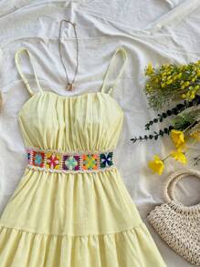 Soleia Spring Summer Vacation Ladies Solid Color Leisure Apricot 70s Outfit Vintage Summer Crochet Patchwork Ruffled Edge Waist Cinched A-Line Dress