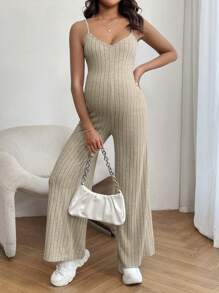 SHEIN Maternity Jumpsuit Suspender Pants, Solid Color Minimalist Fashion - Apricot - View 4