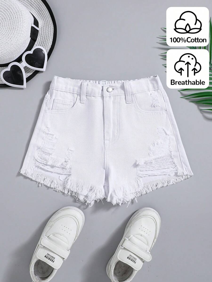 SHEIN Tween Girls Spring Summer Boho Ripped Raw Hem Denim Jeans Shorts,Girls Summer Clothes Outfits - White - View 1