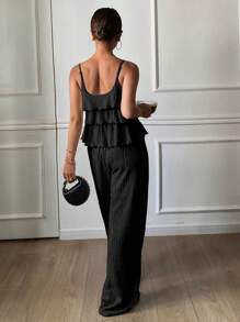 Livesso 2pcs Women Solid Color Textured Ruffled Cami & Wide Leg Pants Bohemian Holiday Vacation Suit Set, Summer - Black - View 2