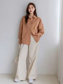 Dazy-Less Women's Solid Color Long Sleeve Casual Business Shirt,Fall Women Clothes - Coral Orange - View 2