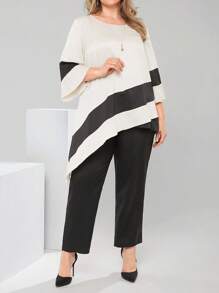 EMERY ROSE Femei Dimensiuni Plus Set 2buc Tivul Asimetric Culoare Contrast Decolteu Rotund Top Și Pantaloni Ținute de primăvară Pentru Femei Rochie de duș de mireasă Alb Elegant