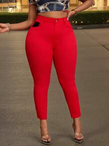 大码女式红色和黑色拼布弹力牛仔紧身裤，时尚百搭 - 紅色 - 查看 3