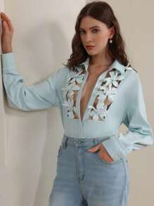 Anewsta Women's Modern Commute 3D Floral Hollow-Out Blue Blouse, Suitable For Festival Going Out And Business Casual - Baby Blue - View 7