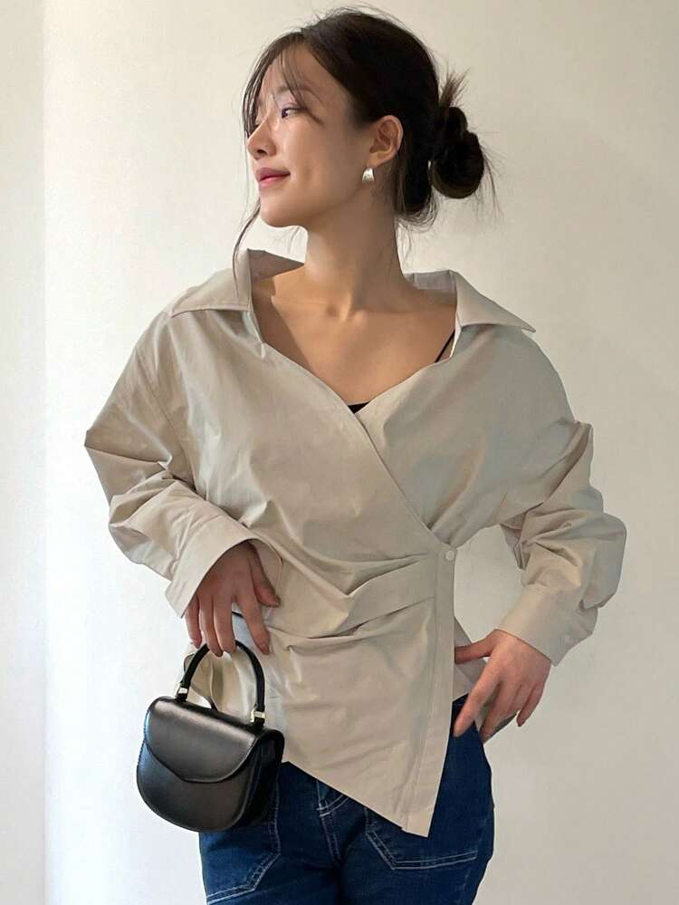 Women's Fashionable Solid Color Asymmetrical Hem Shirt With Lapel Collar Long Sleeve Top