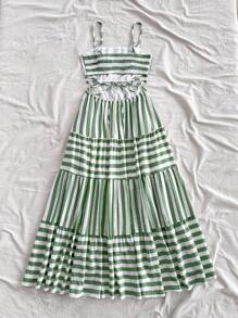 Soleia Women's Green And White Striped A-Line Dress, Casual Summer Beach Lunch Graduation/Wedding Occasion, Cutout Waist And Open Back Design, For Spring - Multicolor - View 2