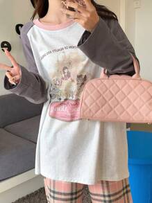 DAZY 女式卡通印花拼色插肩袖T恤长袖女式上衣 - 彩色 - 查看 6