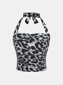 SHEIN Girlism 2pcs Tween Girl Leopard Print & Solid Color Halter Top, All-Match & Versatile - Grey - View 7