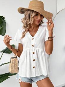 SHEIN LUNE Summer Women V-Neck Ruffle Trim Flounce Sleeve Ruched Hem Babydoll Style A-Line Shirt Leisure Vacation Open Front Blouse
