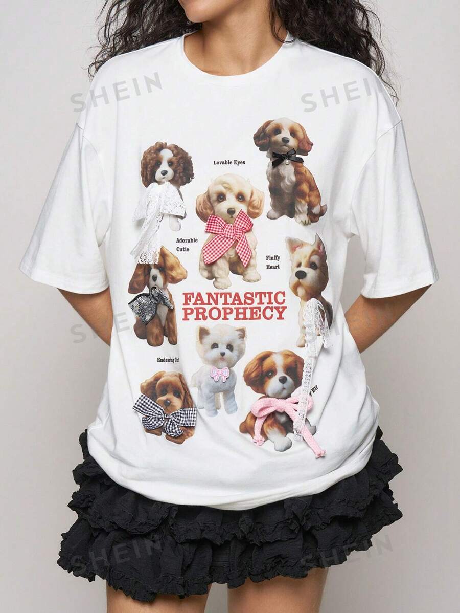 Easelle Camiseta de calle para mujer con cuello redondo, mangas caídas y estampado de perro con letra