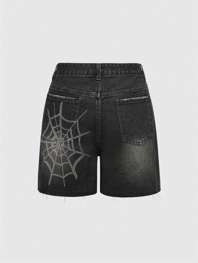 Grunge Punk Retro Washed Distressed Hem Loose Fit Spider Web Rhinestone Embellished Women Denim Shorts