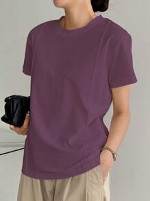 Dazy-Less Solid Color Round Neck Short Sleeve T-Shirt Summer Preppy Tops Business Casual Woman Work Clothes - Red Violet - View 6