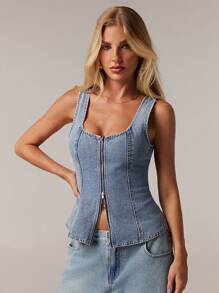 Forever 21 Women's Denim Camisole Top With Zipper, Fitted Minimalist Style, Suitable For Summer - Blue - View 4