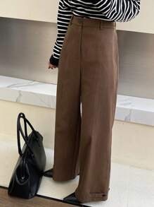 DAZY Women Wide Leg Pants With Pockets And Snap Leg Hem, Solid Color, Loose Fit - Brown - View 9