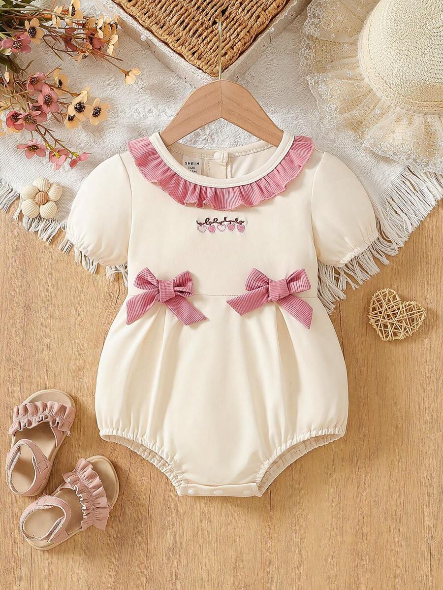 SHEIN Vintaside Kids Baby Girl Cute Bow Ruffle Collar Bodysuit, Spring/Summer - Beige - View 1