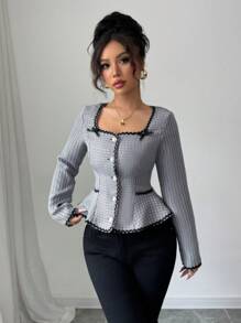 Elenzga Damen Bluse mit quadratischem Kragen, Knopfleiste, Langarm und Schleifensaum