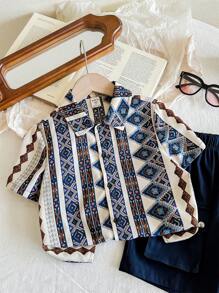 2 件装年轻男童休闲度假风格趣味热带植物复古图案短袖衬衫和工作服口袋宽松短裤两件套，适合春夏季节，适合户外度假、上学、运动和居家穿着 - 彩色 - 查看 4