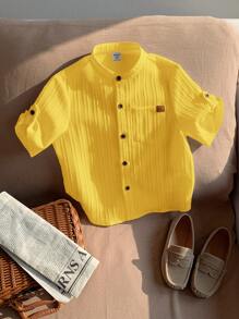 SHEIN 1pc Young Boys' Casual College Style Comfortable Linen Stand Collar Patch Pocket All-Match Versatile Shirt - Yellow - View 3