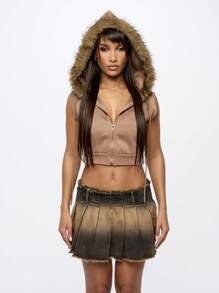 SUMWON WOMEN 毛皮装饰短款连帽背心无袖短款上衣冬季秋季时尚拉链运动休闲家居服休闲街头服饰 - 棕色 - 查看 1