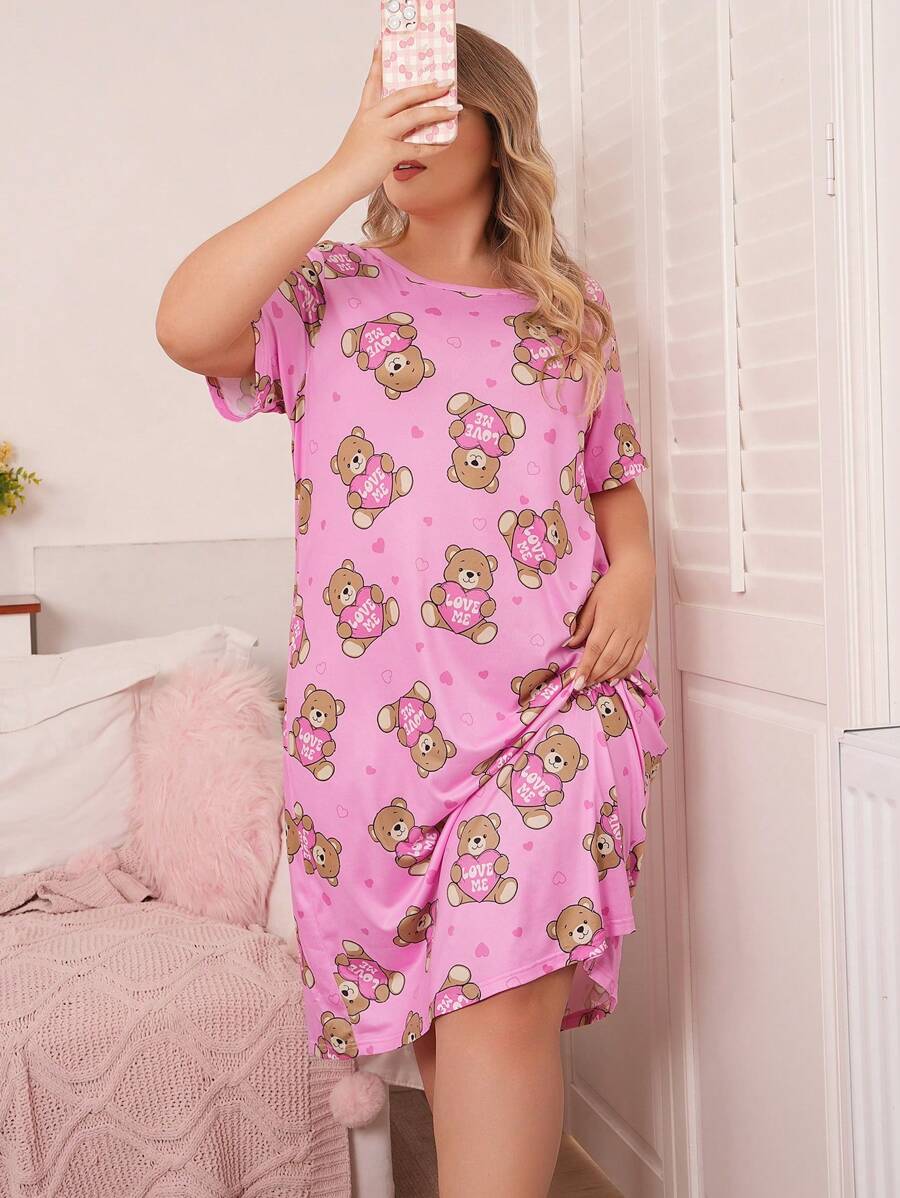 SHEIN Slumberry CURVE Plus Size Cartoon Print Round Neck Short Sleeve Nightgown, Moo Moo Sleep Dress - Multicolor - View 1