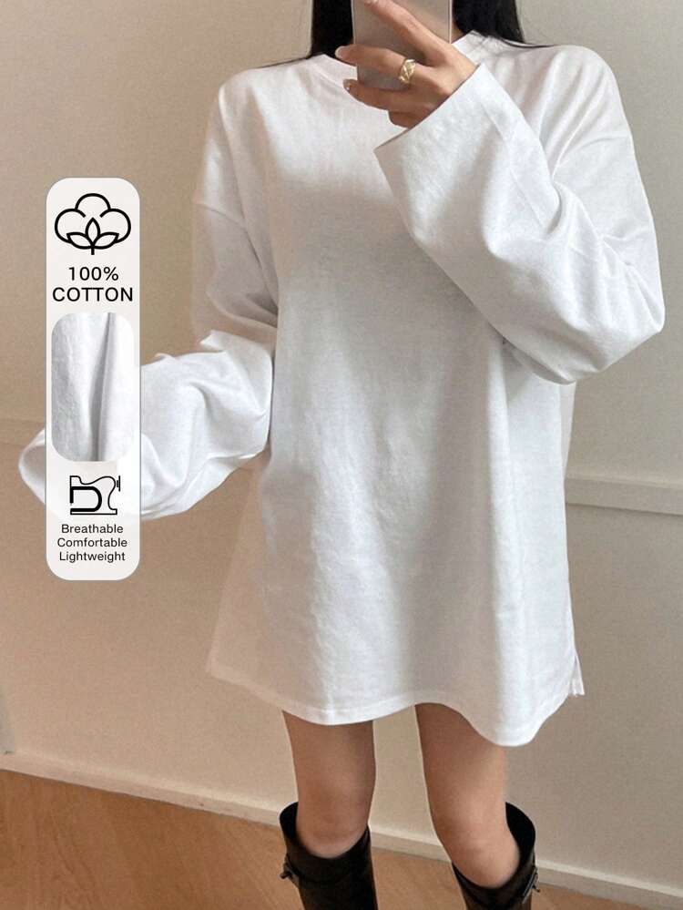Solid Split Hem Drop Shoulder Tee Long Sleeve Women Tops