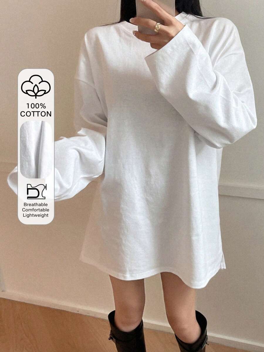 DAZY 纯色开叉下摆落肩T恤长袖女式上衣 - 白色 - 查看 1