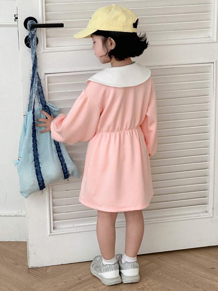 Young Girl Letter Print Color-Block Peter Pan Collar Long Sleeve Casual Dress, Autumn