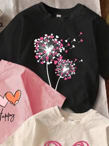 SHEIN 3 件套 Tween 女童休闲简约卡通心形和花朵图案 T 恤，夏季 - 彩色 - 查看 4