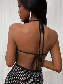 SHEIN Unity Dress Mini Spring Embellished Rhinestone Halter Neck Festival Summer Fitted Club Vacation Baddie Wedding Guest Special Occasion Bridal Dinner Prom Thanksgiving Christmas NYE New Years Eve Outfits For Women - Black - View 7
